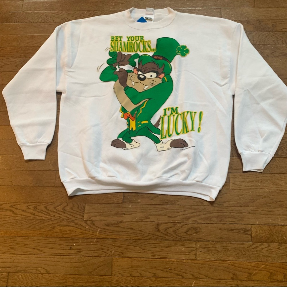 1997 TulTex Looney Tunes Bet your Shamrocks I'm Lucky Sweatshirt | 2XL | White